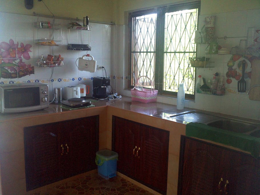 kitchen with microwave, refrigerator, stoves(electric and gas), toaster, kettle, Nespresso machine.