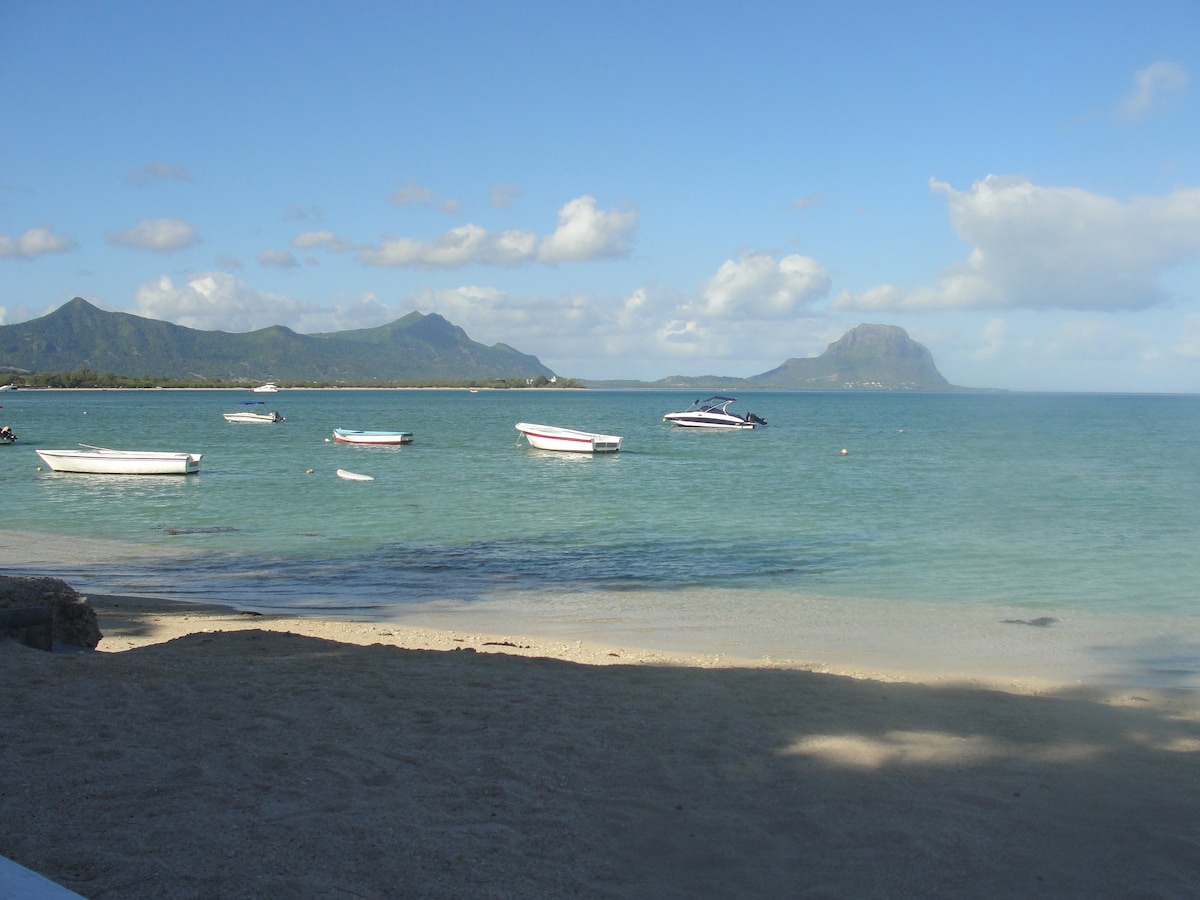 The image features a serene beach with calm turquoise waters gently lapping the shore. Several small boats are anchored in the distance. The iconic Le Morne mountain rises majestically against a clear blue sky, creating a picturesque backdrop to the idyllic coastal scene.