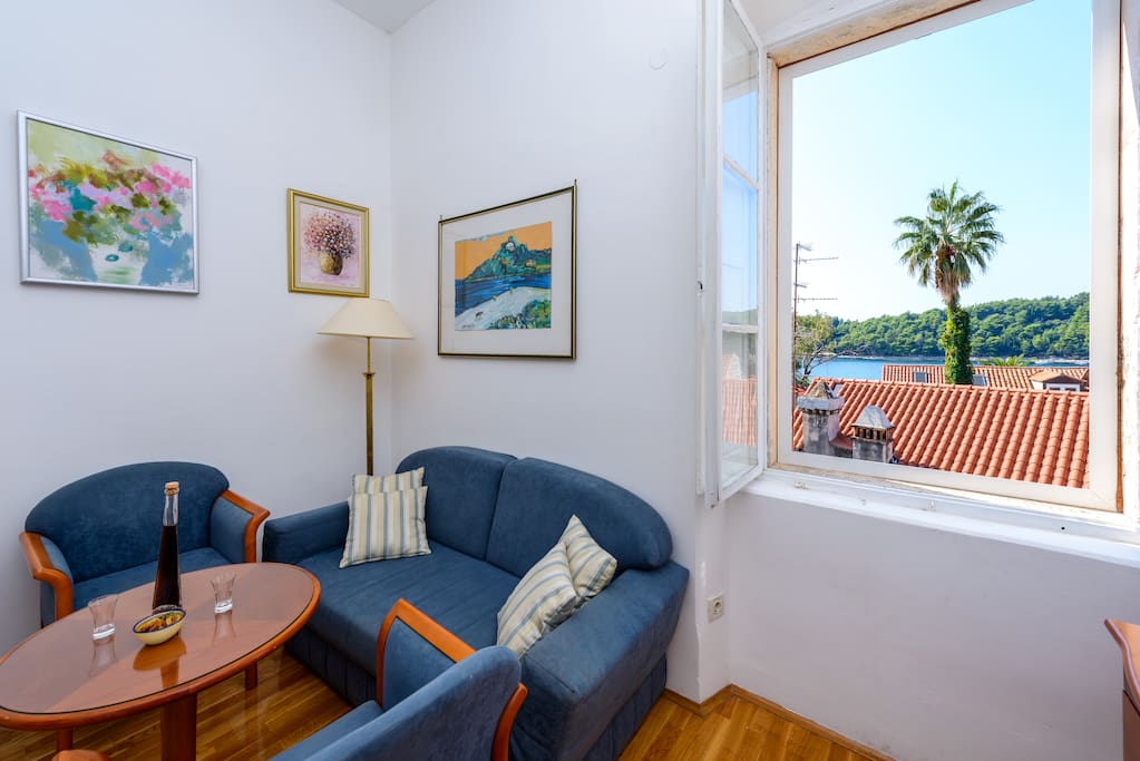 Lounge area with sea view window