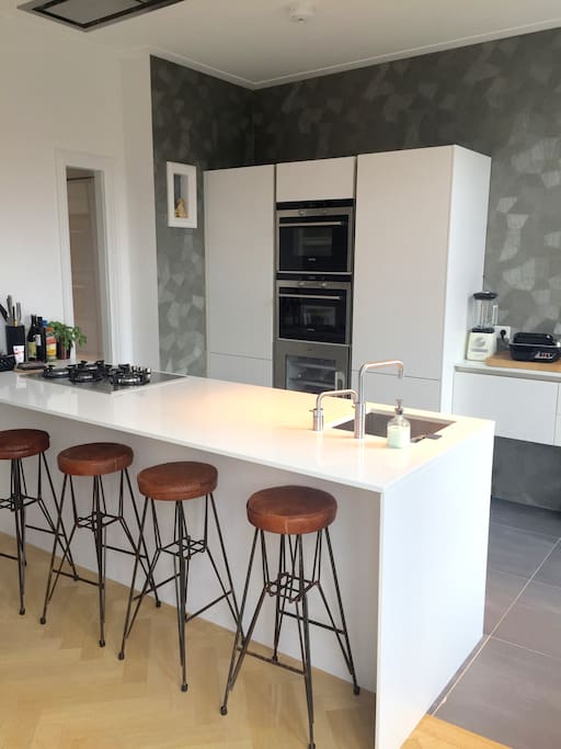 fully equipped kitchen with steam oven, oven, microwave, dishwasher