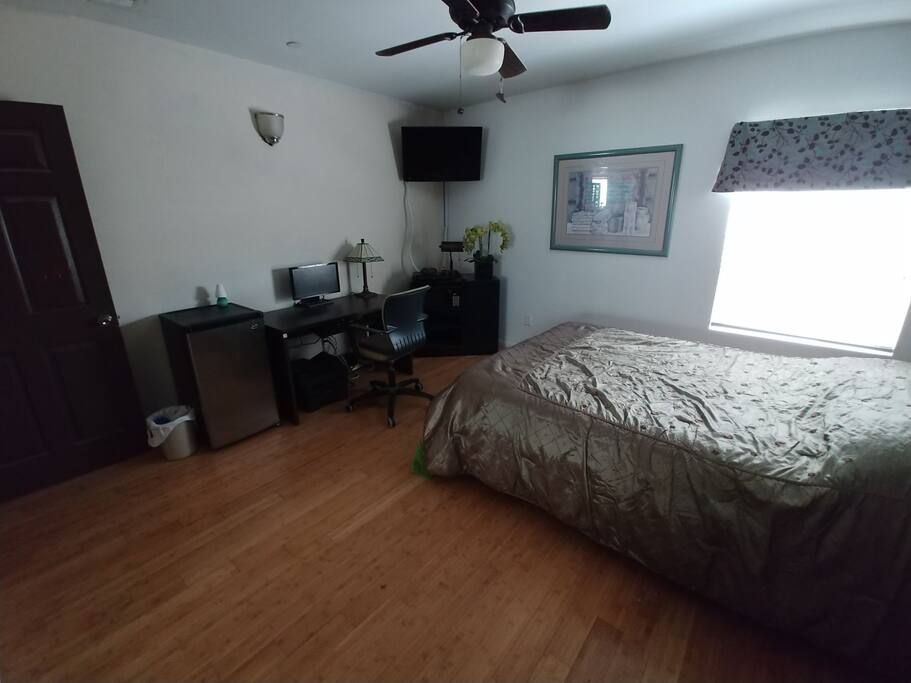 There is a TV, microwave, small fridge, DVD player, clock radio, work desk, plenty of light and a comfo
rtable queen size bed.