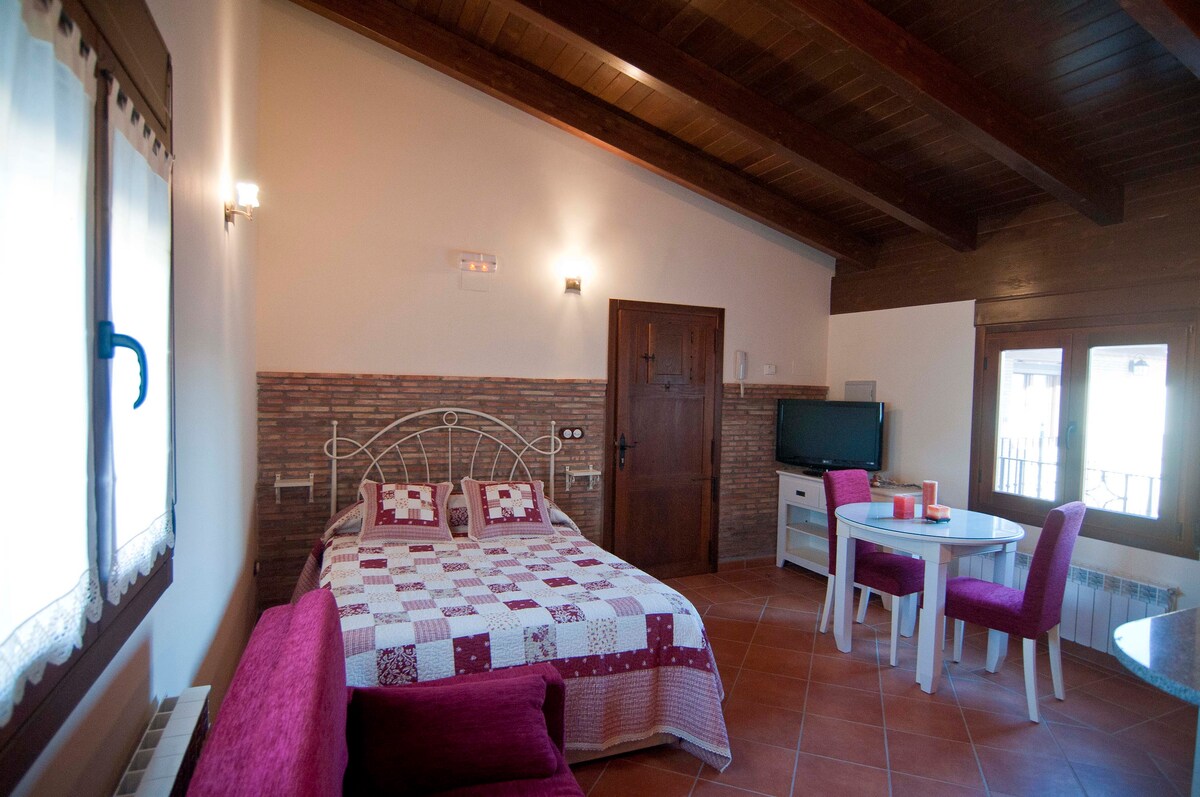 A spacious studio features a double bed adorned with a patterned quilt. A cozy seating area with a plush sofa and a TV is visible, alongside a dining table surrounded by four chairs. Natural light enters through two windows, adding warmth to the rustic decor.