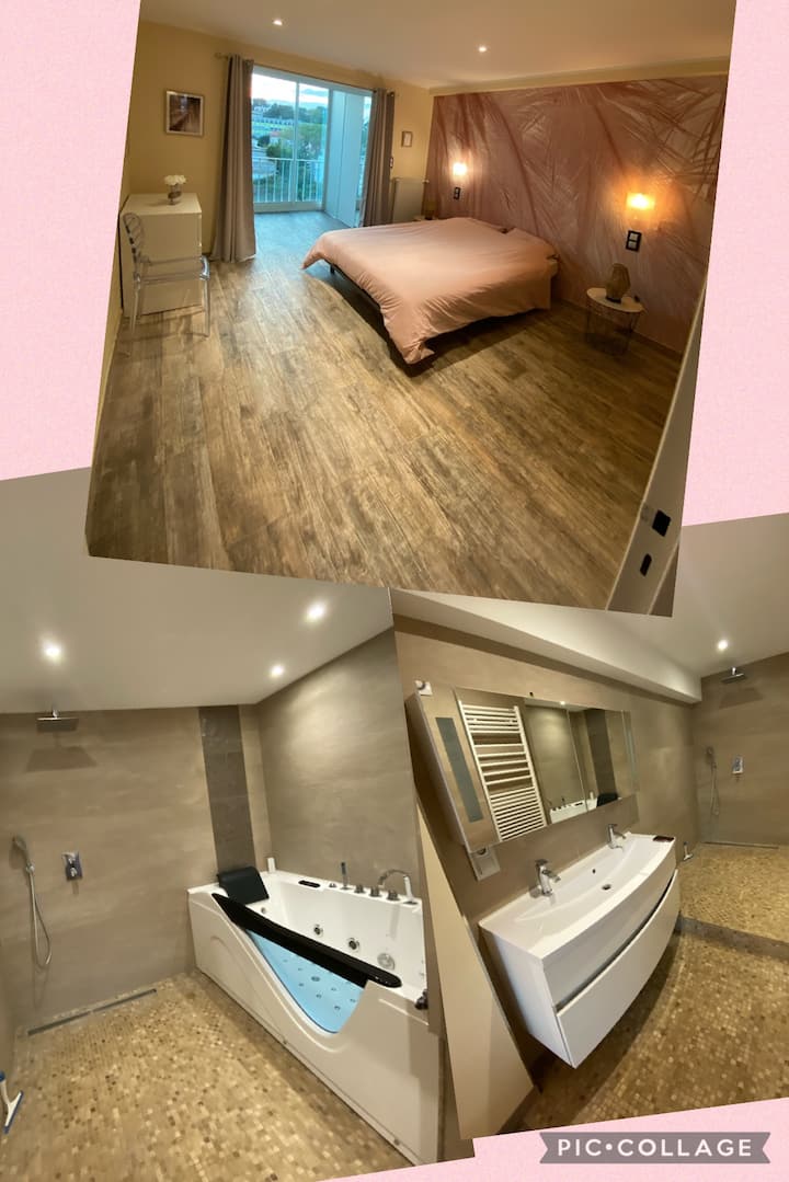 Chumba kikuu cha kulala chenye kitanda 160 +bafu lenye bafu la balnéo, bafu la Kiitaliano.