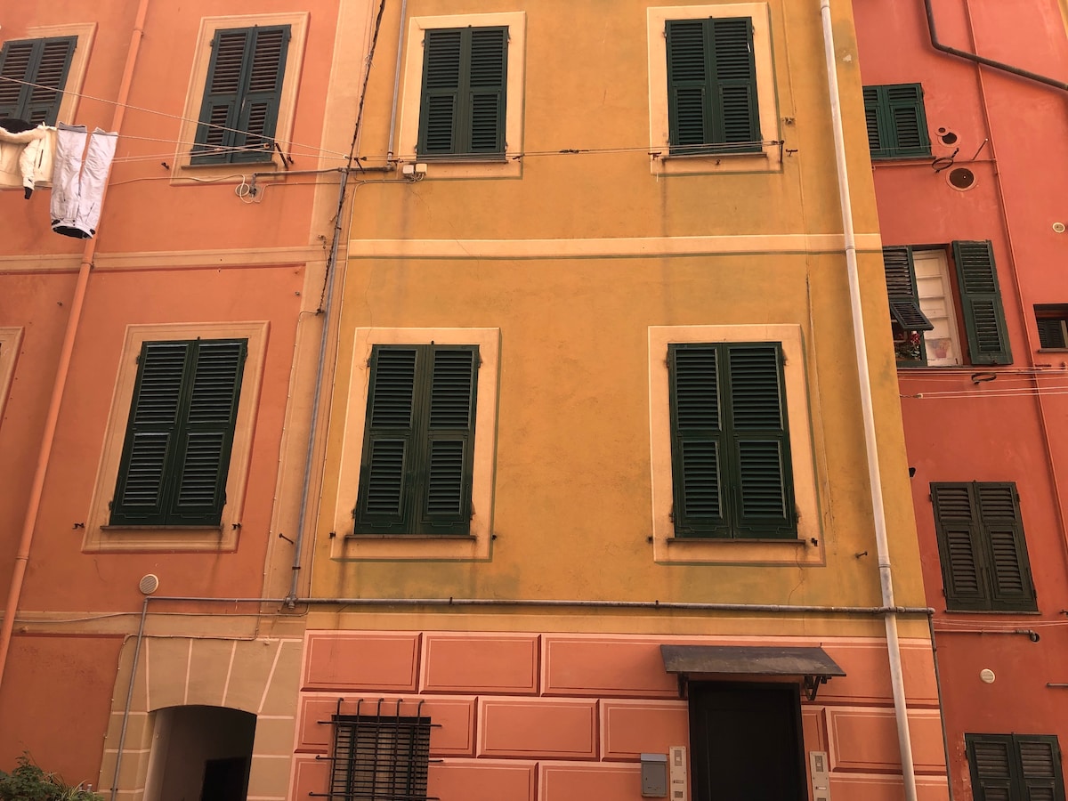 The facade of a multi-story building is depicted, featuring a combination of yellow and coral tones. Green shutters adorn the windows, providing a striking contrast. Clothes are seen hanging outside, adding a functional aspect to the vibrant setting.