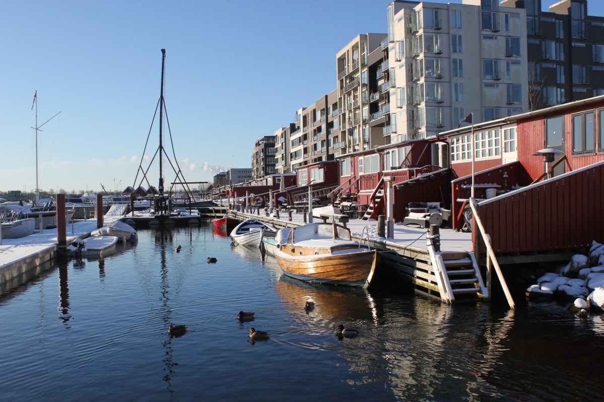 A serene canal scene features wooden boats moored along the waterfront, with smooth water reflecting the surrounding buildings. Snow lightly dusts the dock and nearby structures, while ducks swim peacefully in the canal. The landscape is framed by modern architecture in the background.