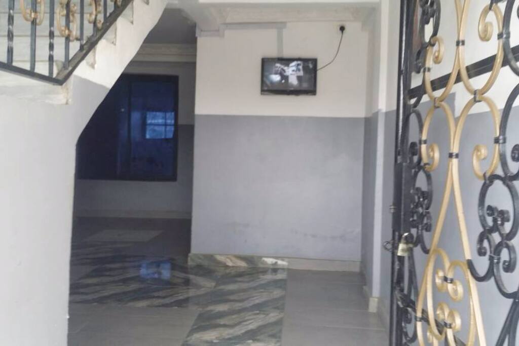 Building entrance with camera for security.
