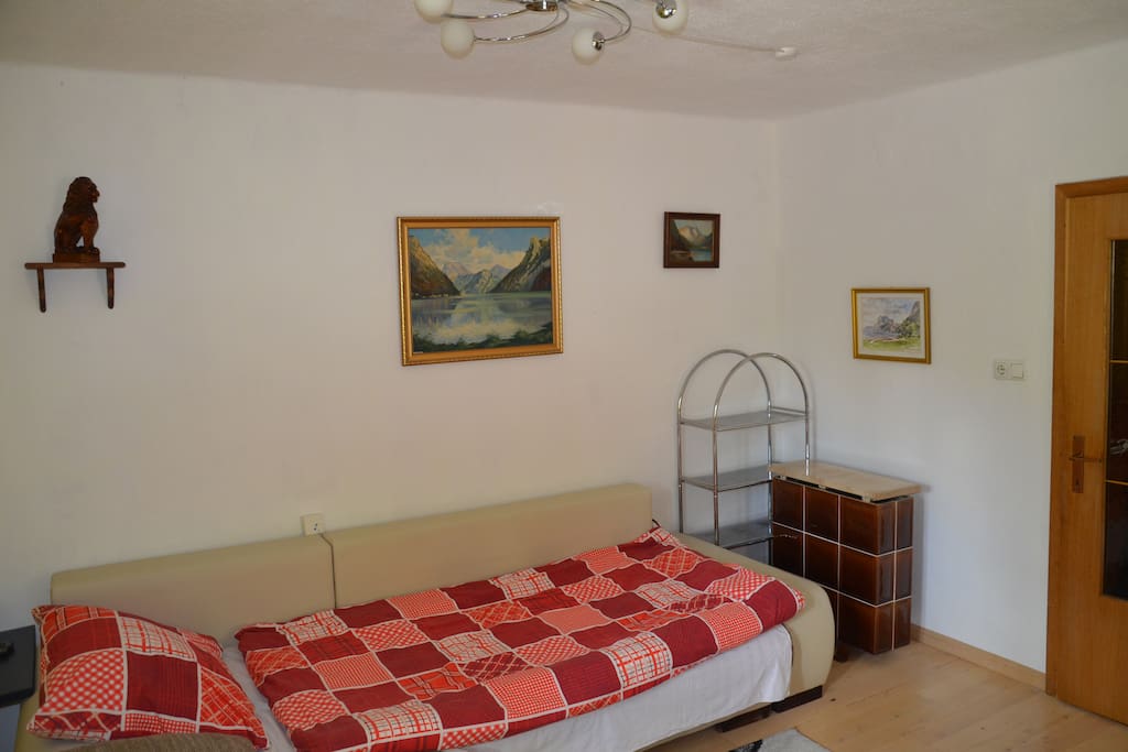 Schlaf- und Wohnzimmer mit einem Bett (ausziehbar auf Doppelbett)
