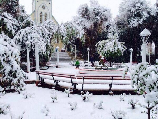 A snowy scene covers a park, with benches and pathways adorned in a thick blanket of snow. Trees are weighted down by the snow, creating a serene atmosphere. In the background, a church building can be seen alongside steps leading to it, providing a focal point.