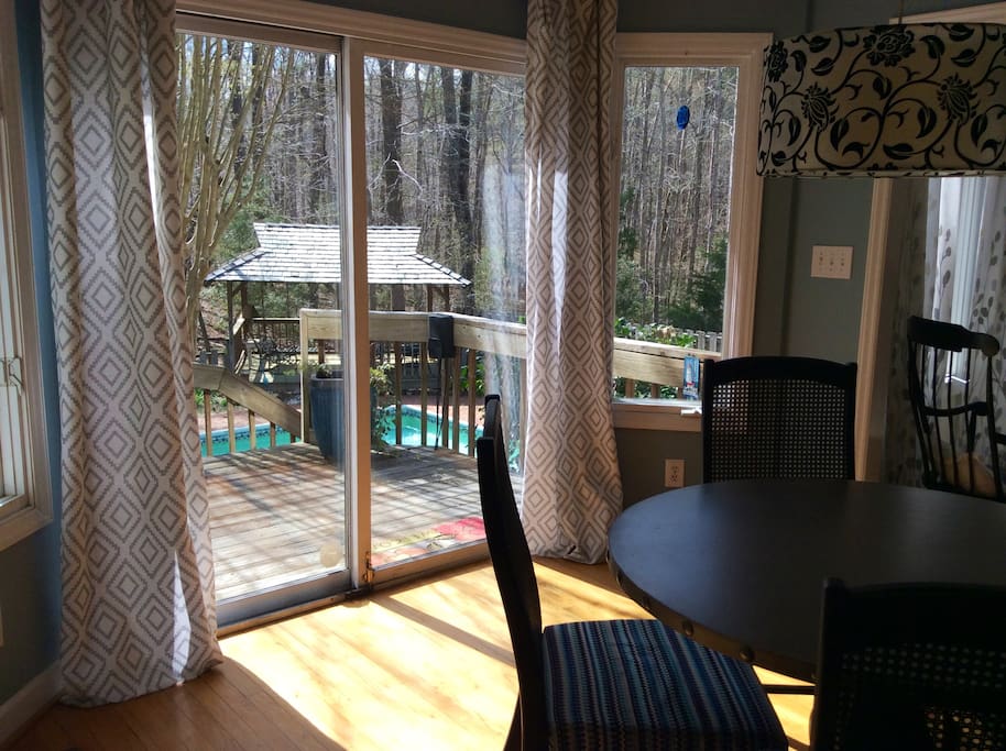 View of full sized pool, gazebo, and acres of woods. Lovely quiet neighborhood 10 minutes from UNC