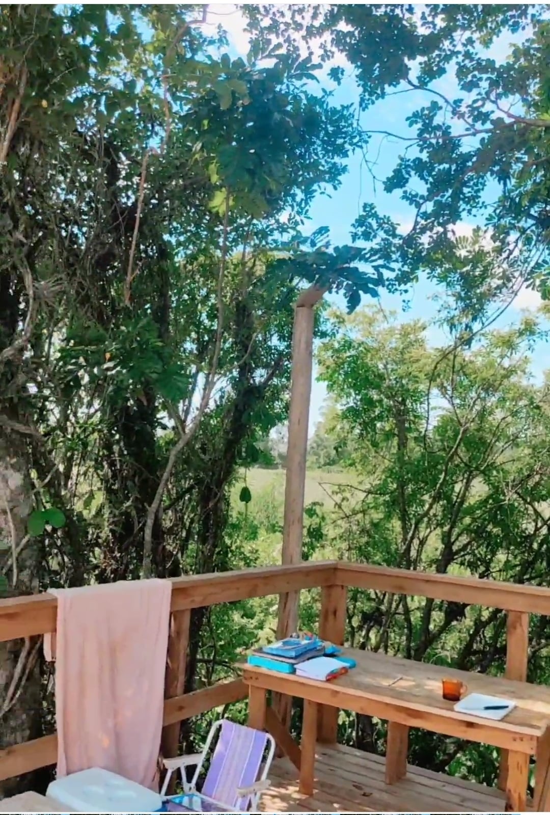 A wooden deck surrounded by lush foliage offers a peaceful retreat. Sunlight filters through the greenery, illuminating a small table with a book and a cup. A light blanket drapes casually over a chair, enhancing the serene atmosphere.