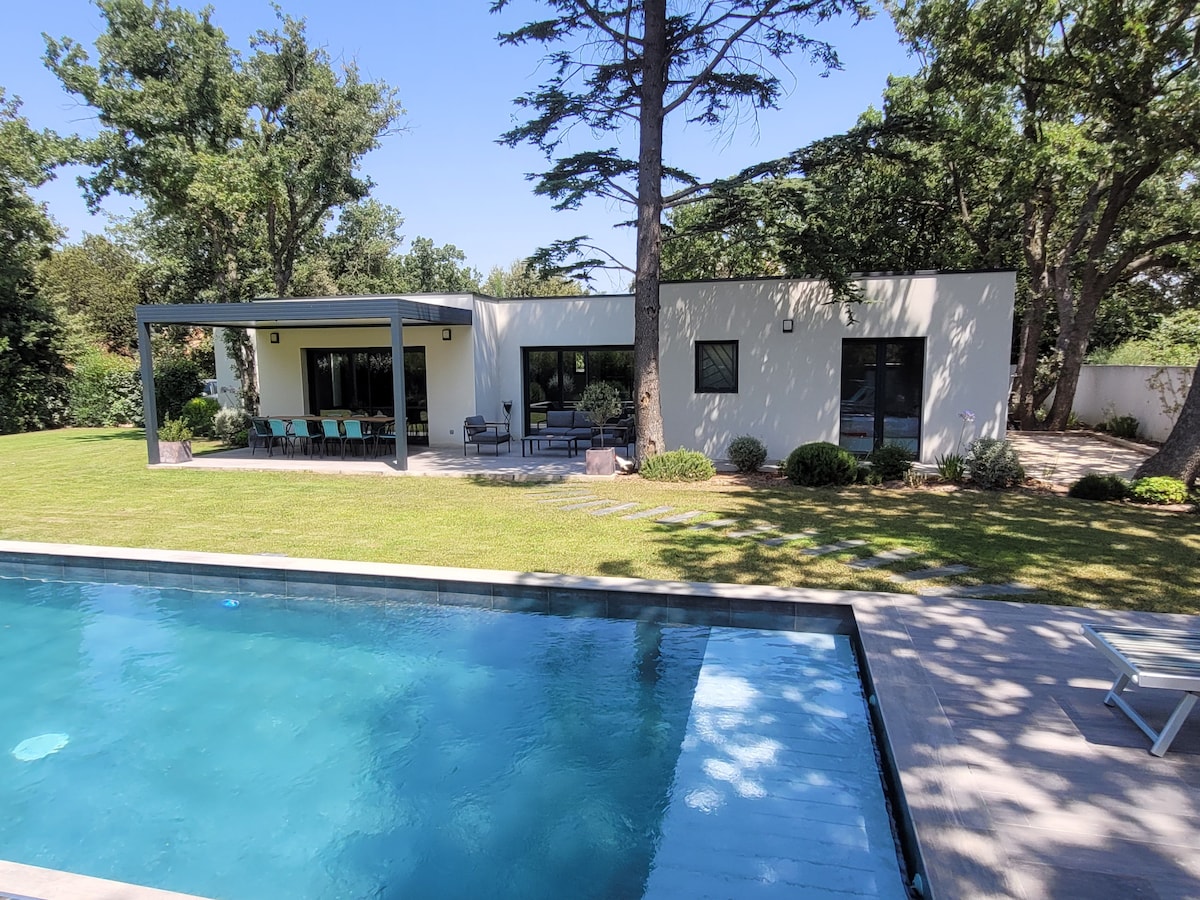 A modern villa is set within a spacious lawn, featuring a private pool beside it. The outdoor seating area under the covered terrace includes multiple chairs and a table, offering a view of the surrounding greenery.