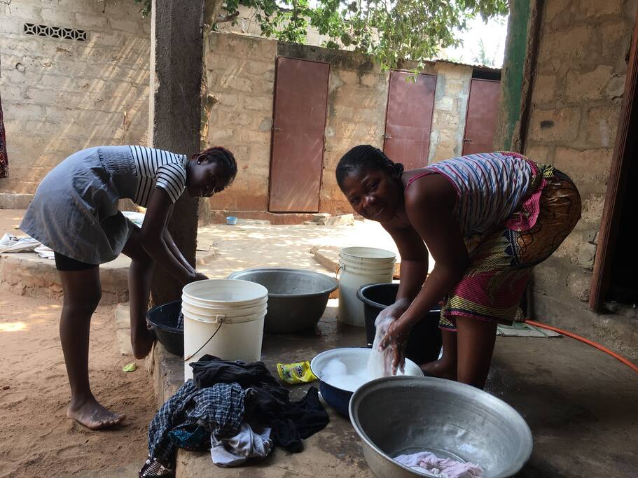 Our family is washing clothes for guests.