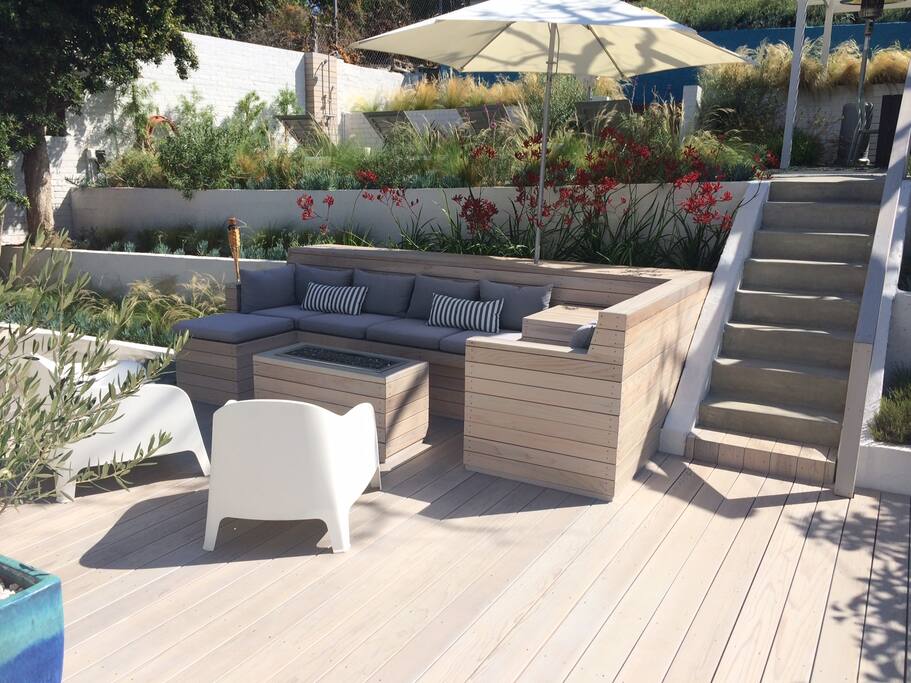 Outdoor fireplace on main deck