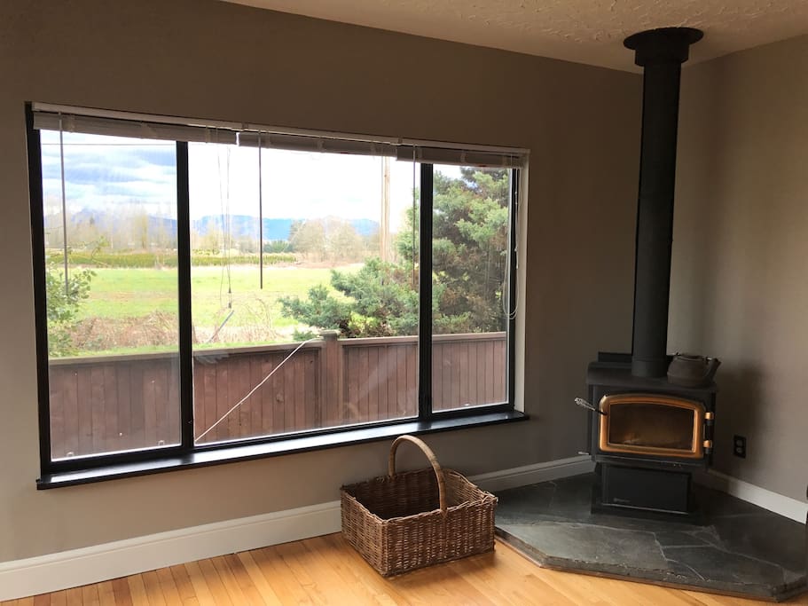 Living Room View & Wood Burning Fireplace