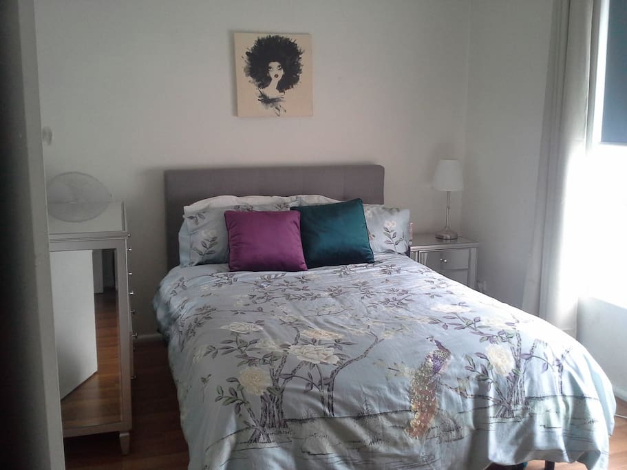New double matress, bed side table, lamp, chest of draws, built-in robe, desk with lamp and office chair.