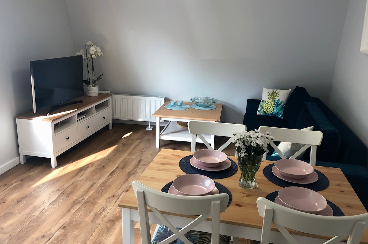 A modern living area features a compact dining table set for four, with light pink plates and a vase of white flowers at the center. A dark blue sofa and a light-colored coffee table are positioned nearby, complemented by a television unit adorned with decorative items.