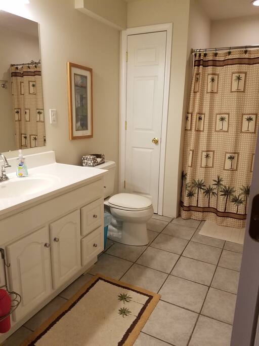 Large private bath. Toiletries and hair dryer provided. Iron and board available upon request.