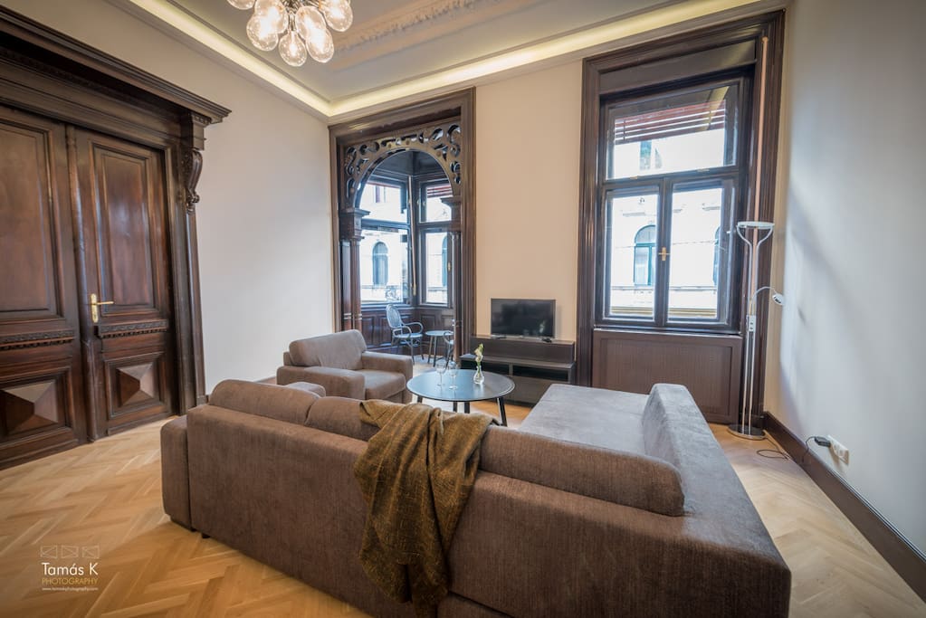Spacious living room with double sofa bed