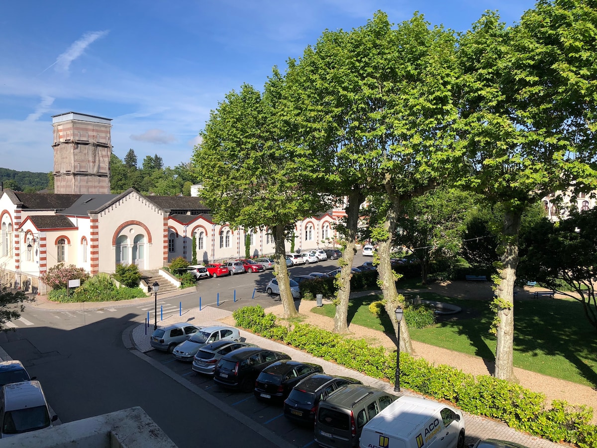 A view of a tree-lined street is presented, featuring a mix of parked cars and historic buildings. The foreground showcases neatly manicured shrubbery and the background reveals a light blue sky, contributing to the overall calm environment.