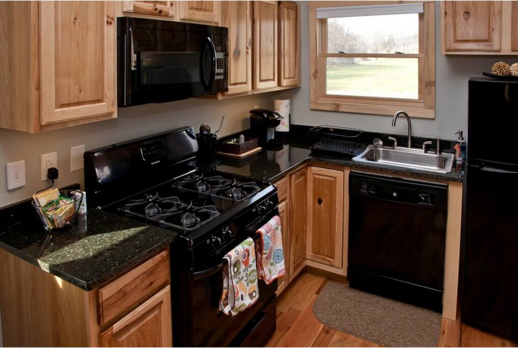 Full Kitchen, K-cup plus coffee and tea.