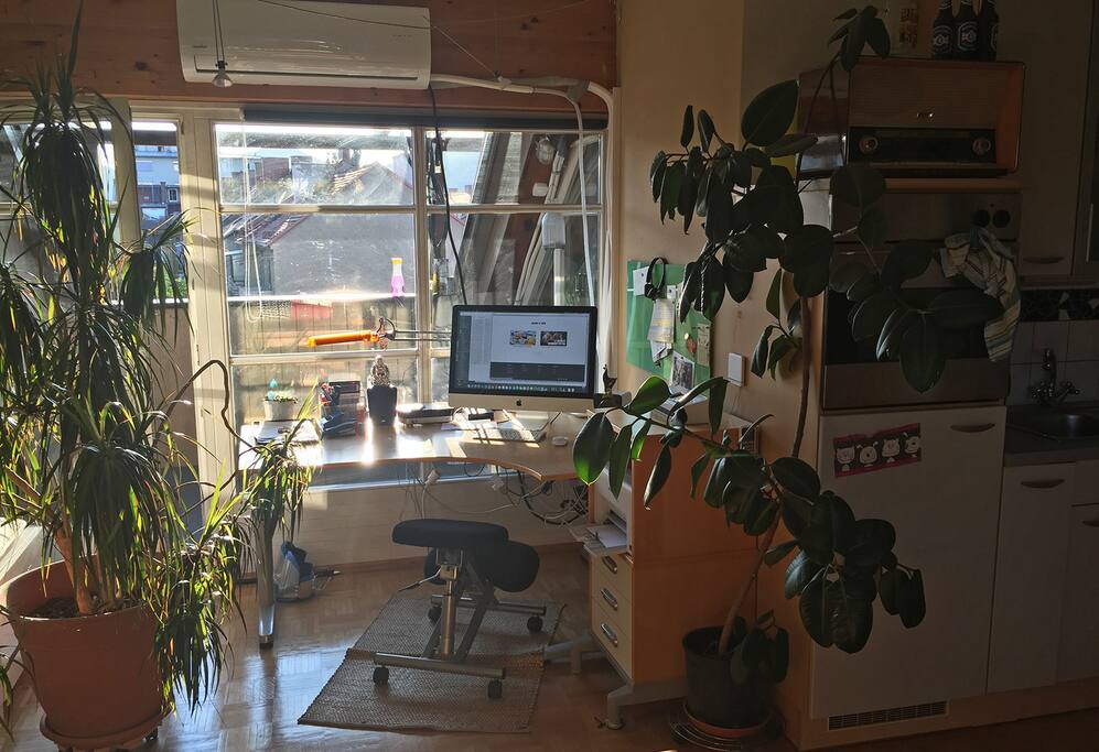 Arbeitsplatz mit Ausblick über die zweite Terrasse mit Abendsonne