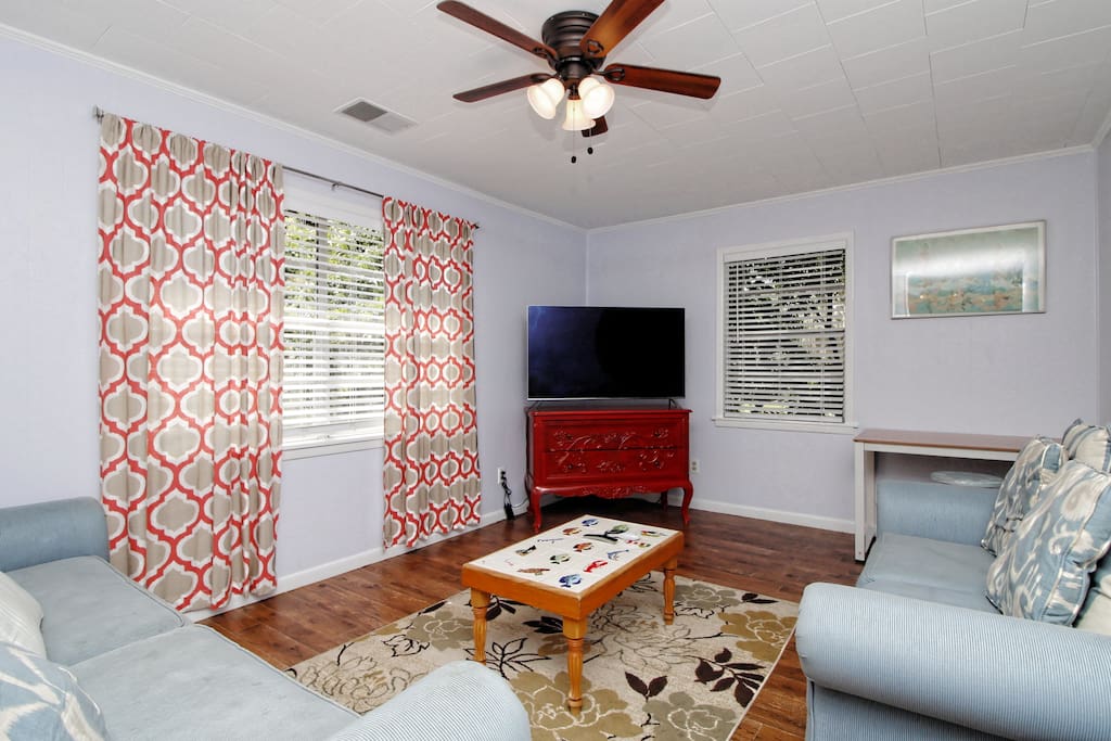Living room with seating for 5. The couches are very comfortable. They don't pull out but we do have an air mattress should you desire an additional sleeping space.