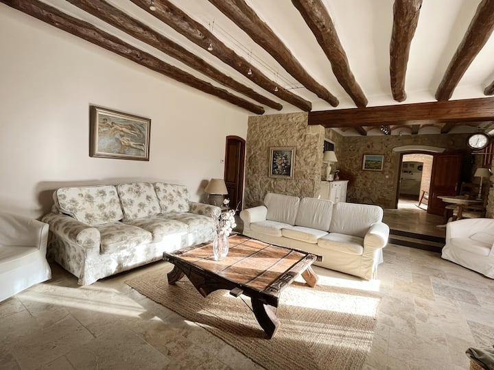 Spacious and cosy living room with exposed wooden beams and natural stone walls. Two comfortable sofas surround a wooden coffee table, creating a cosy space to relax or have a chat after a day exploring the Empordà.