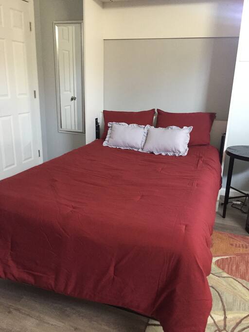 Murphy bed in common area downstairs with memory foam mattress.