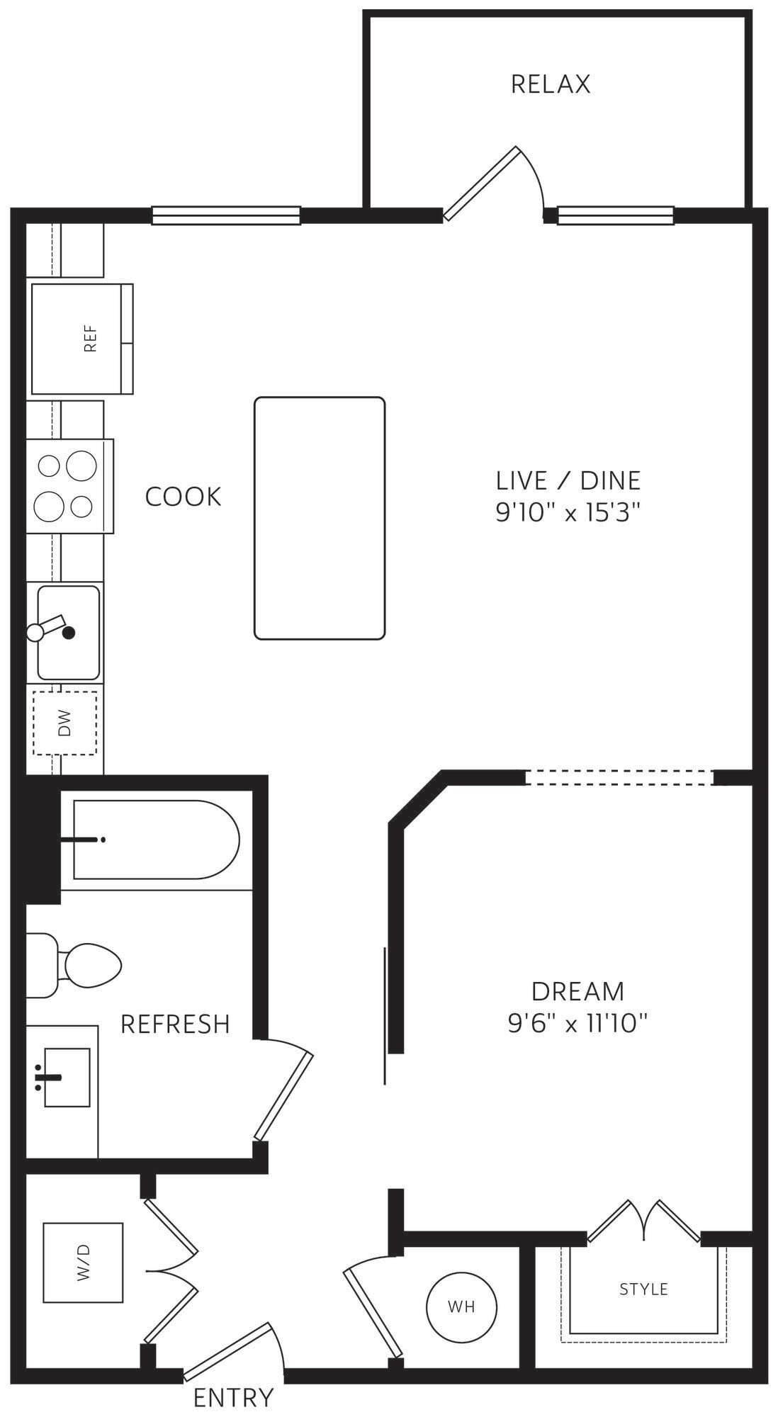 Diagrama da planta de E2, a mostrar 1 quarto