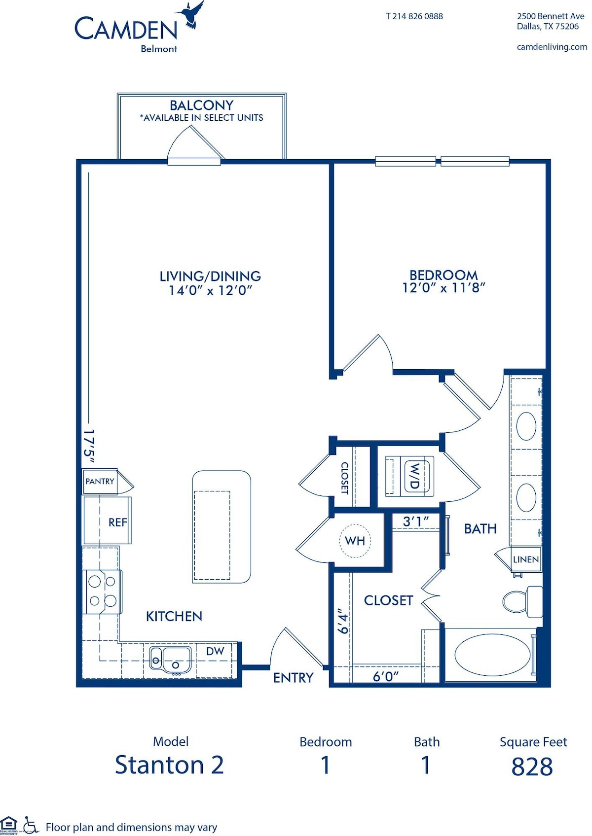 Diagram denah lantai untuk Stanton 2, yang menunjukkan 1 kamar tidur