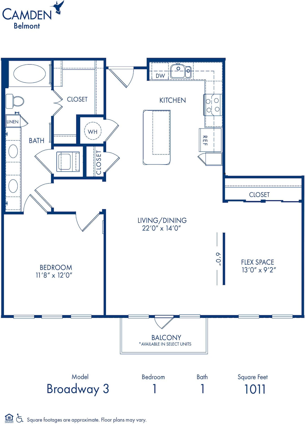 Diagrama del plano para Broadway 3, que muestra 1 recámara