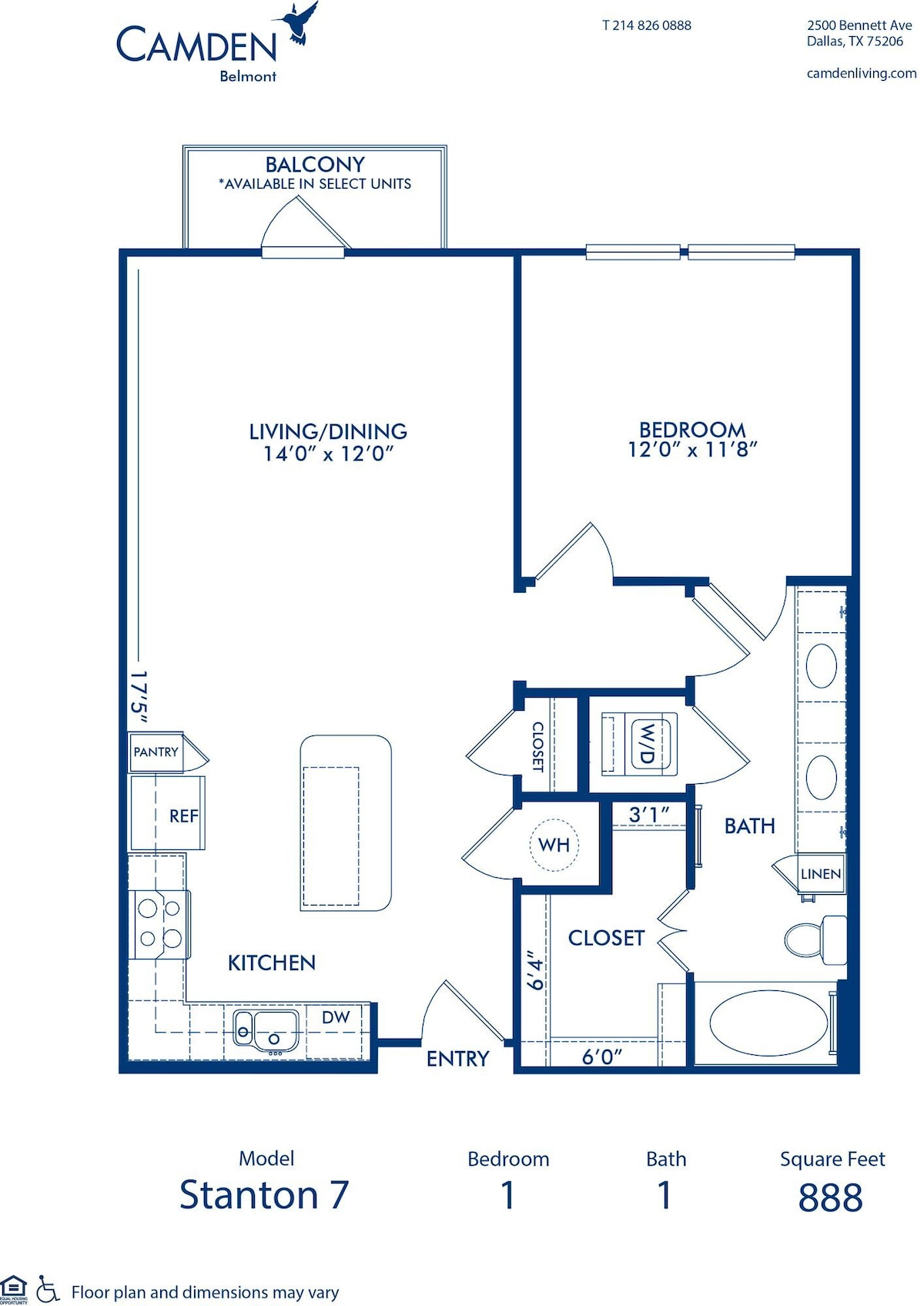 Diagram denah lantai untuk Stanton 7, yang menunjukkan 1 kamar tidur