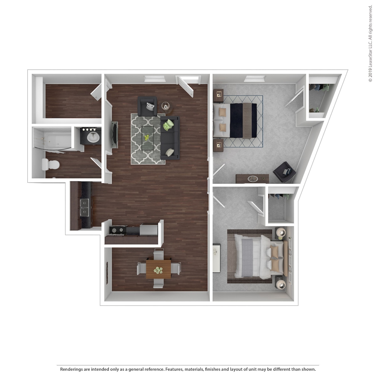Diagram ng floorplan para sa 2.1a, na nagpapakita ng 2 kuwarto