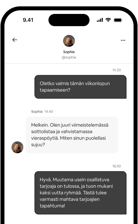 Puhelimessa näkyy kahden tapaamista järjestävän tarjoajan välinen kahdenkeskinen viestiketju.