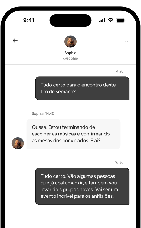 Tela de um celular mostrando uma conversa individual entre dois anfitriões que estão organizando um encontro.
