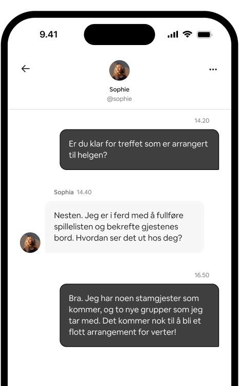 Telefon som viser en privat samtaletråd mellom to verter som avtaler et treff.