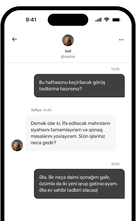 Telefonda görüşü təşkil edən iki ev sahibi arasında olan təkbətək mesaj düzümü göstərilir.