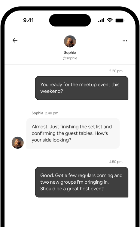 Phone showing a one-on-one message thread between two hosts coordinating a meetup.