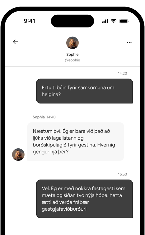 Sími sem sýnir einkaskilaboð milli tveggja gestgjafa að skipuleggja samkomu.