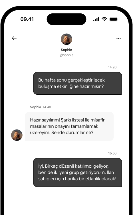 Telefon ekranında, bir buluşmayı koordine eden iki ilan sahibi arasındaki bire bir mesaj dizisi gösteriliyor.