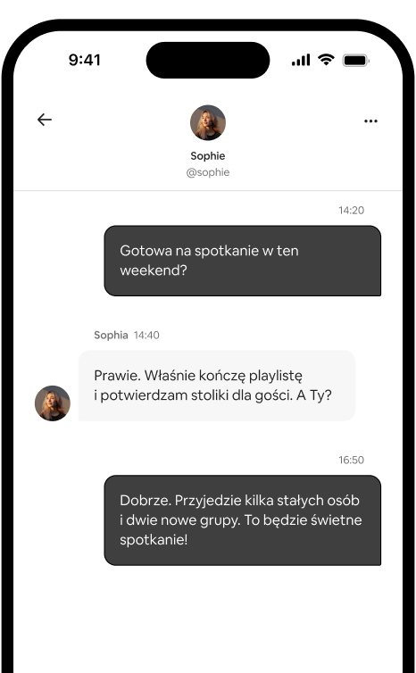 Telefon, na którym widać wątek indywidualnej rozmowy między dwojgiem gospodarzy organizujących spotkanie.