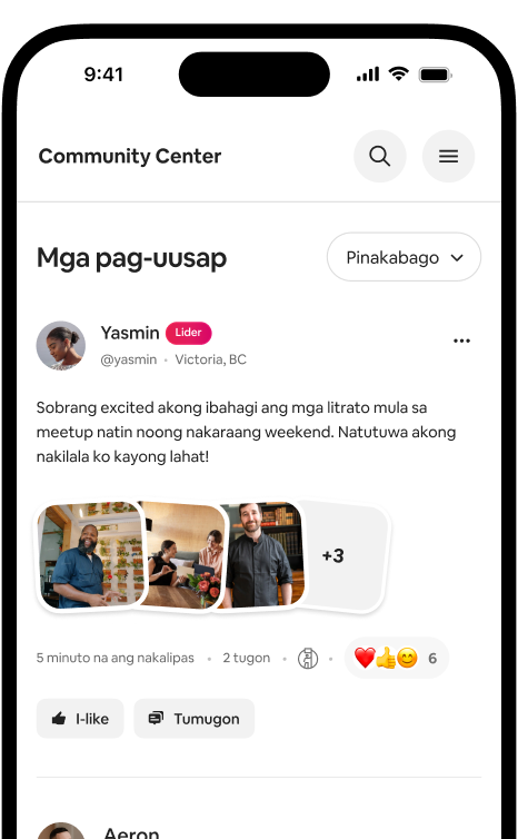 Makikita sa phone ang feed ng Mga Pag-uusap na may post na litrato mula sa host at mga reaksyon mula sa komunidad.