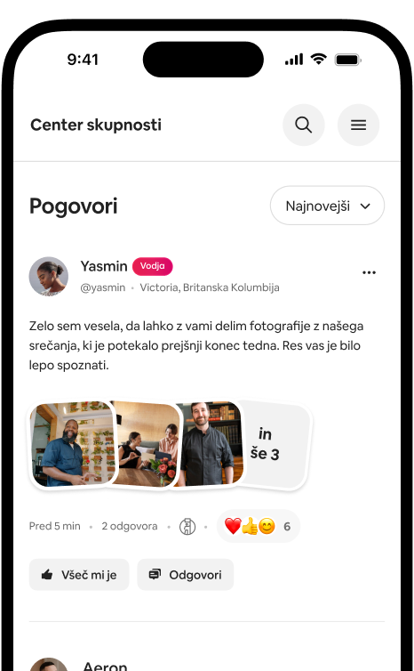 Telefon prikazuje vir pogovorov z objavo fotografije gostitelja in odzivi članov skupnosti.