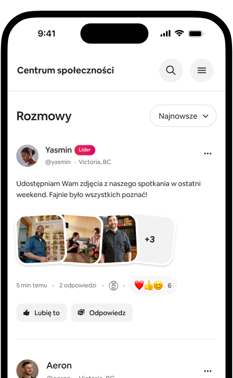 Telefon, na którym widać wątek rozmowy z postem ze zdjęciem opublikowanym przez gospodarza i reakcjami członków społeczności.