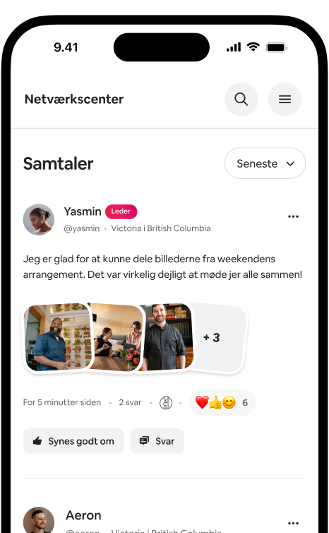 Telefon, der viser et samtale-feed med et billedopslag fra en vært og reaktioner fra netværket.