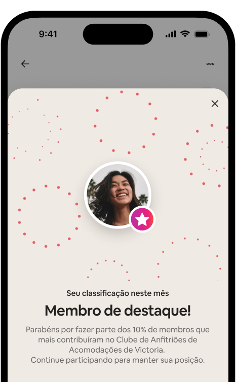 Tela de um celular mostrando um modal de comemoração do Membro em destaque com o avatar de um anfitrião e um selo de classificação.