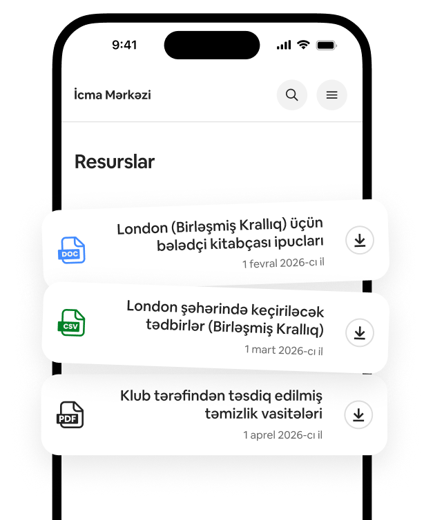 Telefonda endirilə bilən bələdçi kitabçaları, tədbir siyahıları və təmizlik tövsiyələrindən ibarət Resurslar siyahısı göstərilir.