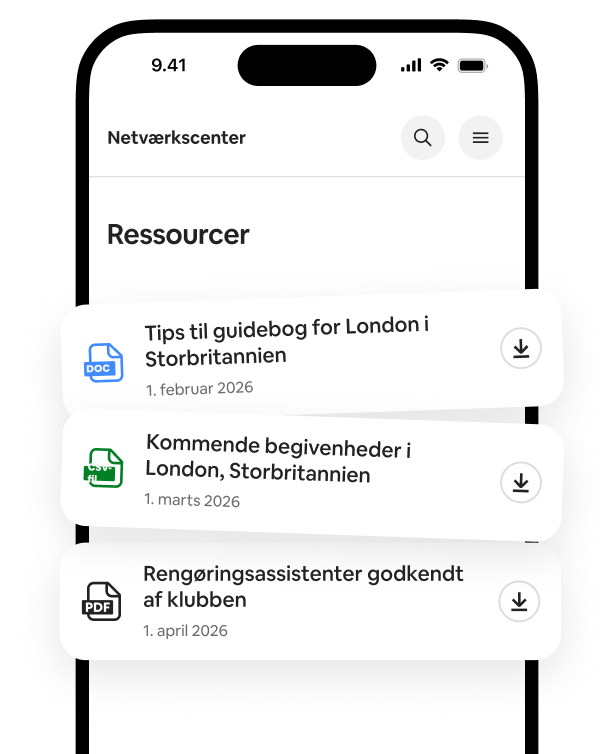 Telefon, der viser en liste over ressourcer med guidebøger, der kan downloades, lister over arrangementer og anbefalinger til rengøringspersonale.