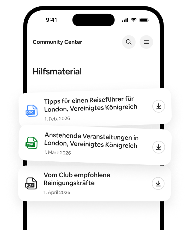 Ein Smartphone, das eine Liste mit Informationsmaterialien anzeigt, darunter herunterladbare Reiseführer, Veranstaltungslisten und Empfehlungen für Reinigungskräfte.