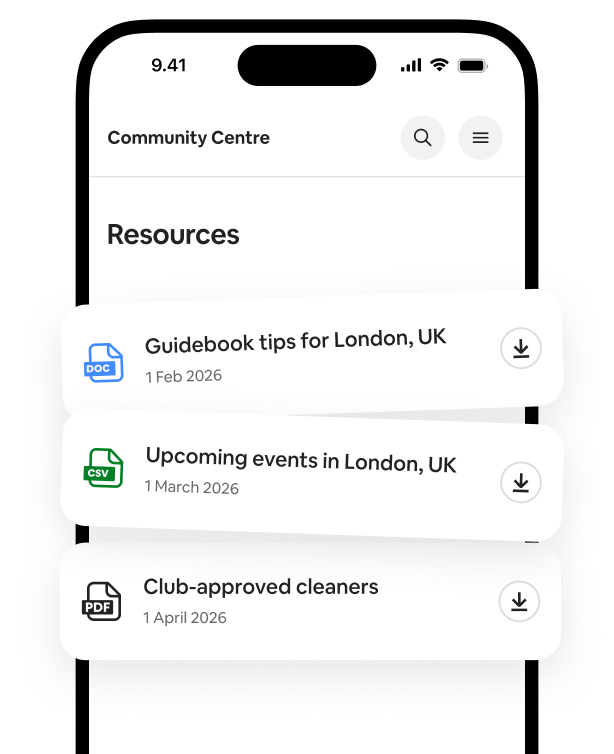Phone showing a Resources list with downloadable guidebooks, events lists and cleaner recommendations.